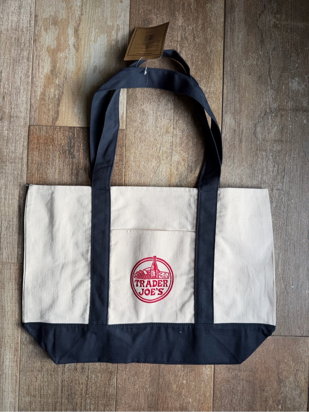 Large Trader Joe's Cream and Navy Canvas Tote Bag